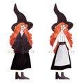 A slender, beautiful, smiling, cheerful young witch with a mop of bright red curls wearing glasses, a white vintage blouse, a