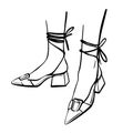 Slender female legs in sandals. Fashion illustration. Hand-drawn illustration