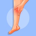 Slender female legs, sitting tired, side view. Woman`s hand touching ankle, heel tendon and foot. Walking or high heels