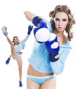 Slender girl fun playing sports boxing