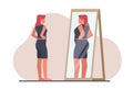 Slender girl looks in mirror and sees fat woman. Self-esteem psychological disorder. Slim female and overweight body