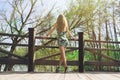 Slender girl in short dress enjoying sun leaning on wooden pier in park. Rear point of view Royalty Free Stock Photo