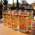 Slender glass tumblers with subtle ripple design on white tablecloth