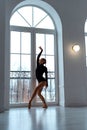 Slender graceful ballerina in window, in curved pose on tiptoe