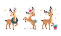 Slender Reindeer with Antler Wearing Hat and Wreath Vector Set