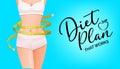 Slender woman body with yellow measure tape at waist - Diet Plan banner Royalty Free Stock Photo