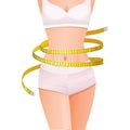 Slender woman body with yellow measure tape at waist
