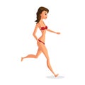 Slender woman dressed in red swimsuit is running