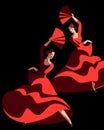 Slender women with a fan dancing flamenco.