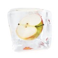Slice Apple frozen in ice cube, ice cube in front, single ice cube isolated on white background. 3d rendering