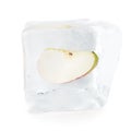 Slice Apple frozen in ice cube, ice cube in front view, single ice cube isolated on white background. 3d rendering