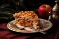 slice of apple pie with fork on dessert plate Royalty Free Stock Photo