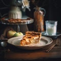 A slice of apple pie on a plate with a fork and knife, AI Royalty Free Stock Photo