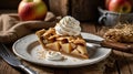 A slice of apple pie topped with whipped cream on a rustic plate, surrounded by apples Royalty Free Stock Photo