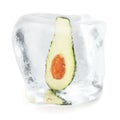 Slice Avocado with bone frozen in ice cube. Ice cube in front view, single ice cube isolated on white background. 3d