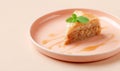 A slice of baklava on a pink plate with honey drizzle and mint leaf garnish Royalty Free Stock Photo