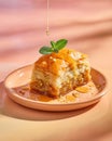 A slice of baklava on a pink plate with honey drizzle and mint leaf garnish Royalty Free Stock Photo