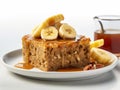 Slice of banana bread with caramel sauce on a plate