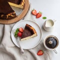 A slice of Basque burnt cheesecake sits elegantly on a white plate, accompanied by fresh strawberries and mint leaves Royalty Free Stock Photo