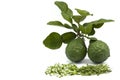 Slice Bergamot, Kaffir lime, Leech lime or Mauritius papeda fruit and leaf isolated on white background.