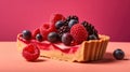 a slice of berry tart with fresh raspberries and blueberries on pink background. Generative AI