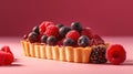 a slice of berry tart with fresh raspberries and blueberries on pink background. Generative AI