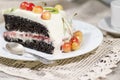 Slice of bird-cherry flour cake with cherries, strawberries and kiwi