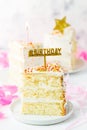 Slice of birthday cake with gold decoration