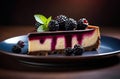 A slice of blackberry jam cheesecake, with a rich creamy filling and the sweet flavor of fresh berries on top, served on