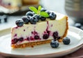 Slice of Blueberry Cheesecake With Fresh Berries on a White Plate, Elegantly Presented Royalty Free Stock Photo