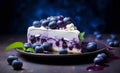 Slice of blueberry cheesecake topped with fresh blueberries on a dark plate against a dramatic dark blue background