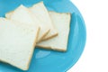 Slice of bread on blue plate with white background Royalty Free Stock Photo
