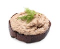 Slice of bread with delicious pate and dill isolated on white Royalty Free Stock Photo