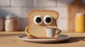 Slice Of Bread With Googly Eyes Holding A Coffee Cup On A Plate. Playful Breakfast Concept In A Cozy Kitchen Setting Royalty Free Stock Photo