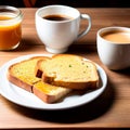 Slice of bread with honey on a white plate on wooden table