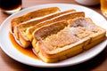 Slice of bread with honey on a white plate on wooden table