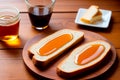 Slice of bread with honey on a white plate on wooden table