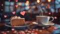 Slice of cake and coffee, slice of cake and cup of coffee on table with hearts floating in the air Royalty Free Stock Photo