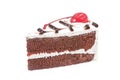 Slice of cake with cream and cherry, chocolate cake on white b