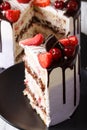 Slice of cake with fresh strawberries and cherries and chocolate