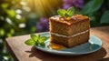 Delicious Caramel Cake Slice with Cream Filling and Mint Leaves on Outdoor Background. Royalty Free Stock Photo