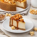 Slice of caramel cheesecake on white plate