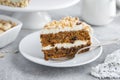 Slice of carrot cake with cream cheese frosting and nuts Royalty Free Stock Photo