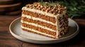 Slice of Carrot Cake with Icing, Walnuts, Rosemary Sprigs, Three Layers on Plate, Brown Background Royalty Free Stock Photo