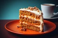 a slice of carrot cake on an orange plate with a cup of coffee Royalty Free Stock Photo