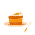 Slice of carrot cake on plate and fork. Pastry dessert with cream for breakfast. Vector pie illustration isolated on white Royalty Free Stock Photo