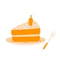 Slice of carrot cake on plate and fork. Sweet bakery piece portion. Pastry dessert with cream for breakfast. Vector pie Royalty Free Stock Photo