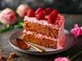 A slice of carrot cake with raspberries on a plate Royalty Free Stock Photo