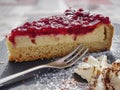 A slice of cheescake with raspberry jelly Royalty Free Stock Photo