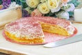 Slice of cheese crepe cake on plate